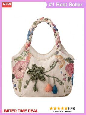 Embroidered Canvas Tote Bag Floral Ethnic Satchel Purse Multi Pocket